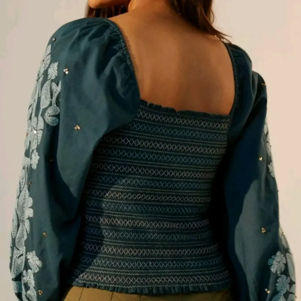 NEW Anthropologie Turquoise Embroidered Top - Picture 3 of 7